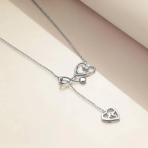Vista 2 de Yfn Collar con dije de estetoscopio, con diseño del caduceo médico, de plata esterlina, de 18.0 pulgadas