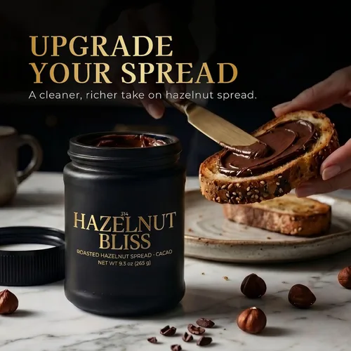 Vista 7 de 314 Hazelnut Bliss Premium Cacao Avellana para untar, 80% avellanas tostadas, endulzado con dátiles, 3 ingredientes, sin aceite de palma, 9.3 oz