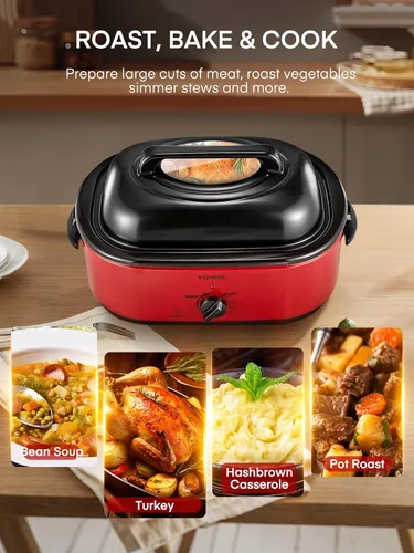 Vista 2 de FOHERE Horno asador eléctrico de 26 cuartos de galón con tapa visible y autofundante, tostador grande de pavo con función de descongelación y calor