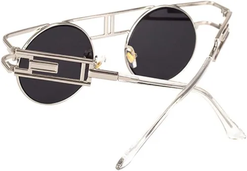 Vista 3 de kachawoo Gafas de sol redondas góticas steampunk para hombre, gafas de sol de metal retro, accesorios para mujer