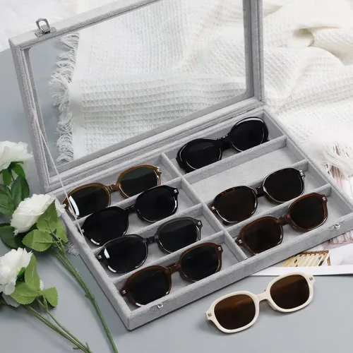 Vista 2 de Wudygirl Organizador de joyas, organizador de lentes de sol, bandeja de terciopelo con 8 ranuras, estuche para lentes de sol con tapa, estuche