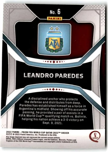 Vista 2 de 2022 Panini Prizm FIFA World Cup Qatar #6 Leandro Paredes Argentina Official Soccer/Football Trading Card in Raw (NM or Better) Condition