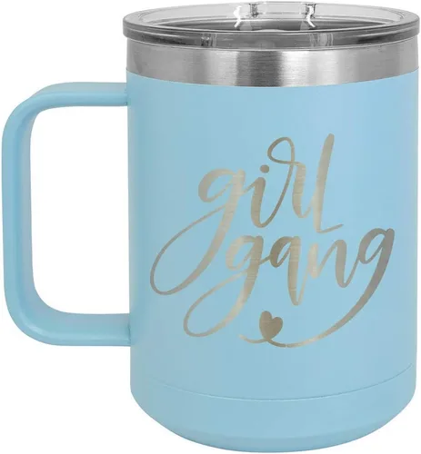 Vista 11 de GIRL GANG Negro 15 oz Taza de café w/tapa deslizante Taza de café de viaje aislada Ideas de regalos de cumpleaños o Navidad de mujeres u hombres