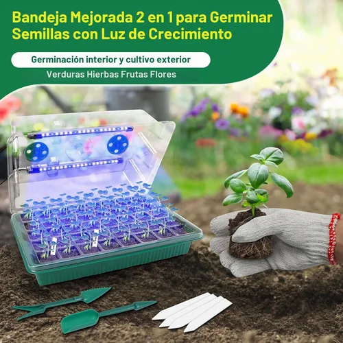 Vista 5 de BlumWay Bandeja de inicio de semillas con luz de crecimiento, paquete de 2 bandejas de semillas de 80 celdas con cúpula de humedad, kit de inicio