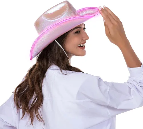 Vista 4 de HSCTEK Sombrero de vaquero holográfico iluminado para el espacio (alambre EL actualizado)