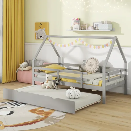 Vista 3 de KOMFOTT Cama de casa de tamaño individual con nido, marco de cama de madera con rieles de seguridad y techo, marco de cama de plataforma de casa Gris