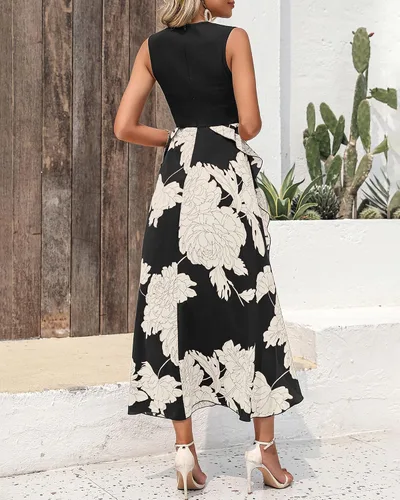 Vista 5 de BTFBM Vestidos casuales de verano sin mangas para mujer, para primavera, cuello redondo, retazos, bohemio, floral, con volantes, vestido midi