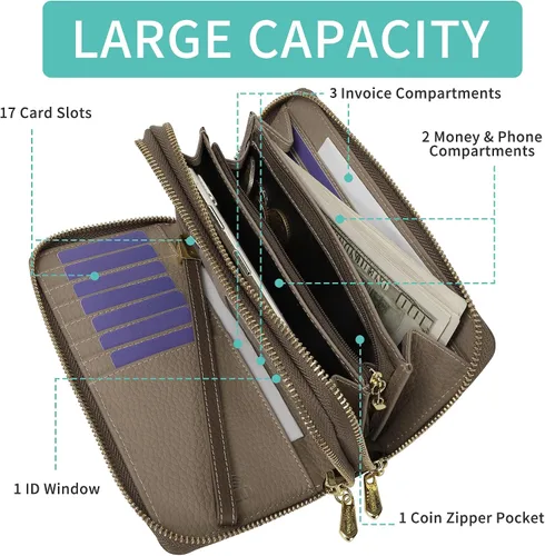 Vista 3 de Cartera de mujer con bloqueo RFID, cartera de piel auténtica, cartera de gran capacidad para mujeres con múltiples tarjeteros y compartimento