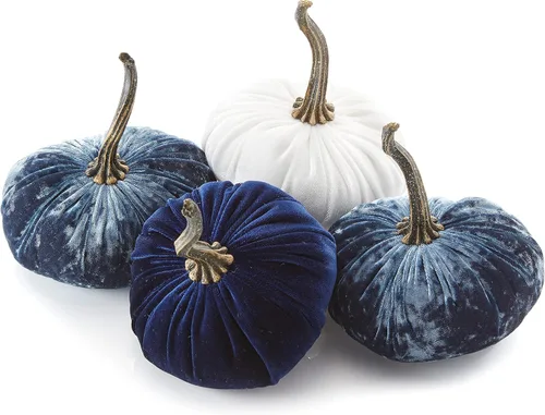 Vista 17 de Juego de 4 pequeñas calabazas de franela de terciopelo y algodón, decoración a cuadros de búfalo blanco y negro, estantes de calabaza negra