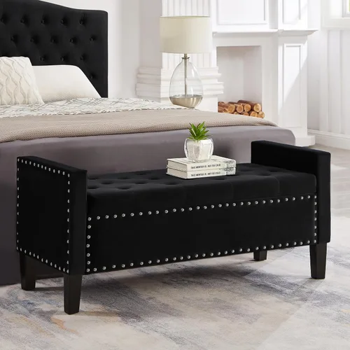 Vista 9 de Setawix Banco de almacenamiento de terciopelo para dormitorio, banco otomano armado para sala de estar, bancos de almacenamiento modernos de Beige