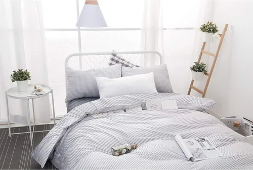 Vista 3 de Wake In Cloud - Juego de funda de edredón a rayas de algodón, rayas de cuadro de granja, 100% ropa de cama de algodón, 3 piezas, gris blanco