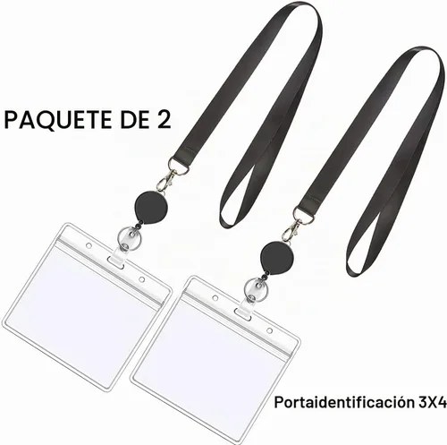 Vista 7 de 2 cordones negros con soporte horizontal para tarjetas de identificación de 4 x 3, carrete retráctil Cordón de cuello plano con gancho de metal
