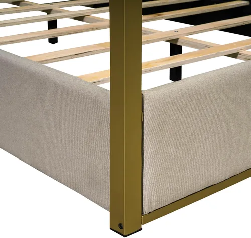 Vista 9 de Marco de cama moderno con dosel de 4 doseles, cama de plataforma de madera con cabecera tapizada, camas de plataforma de madera de bajo perfil