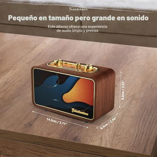 Vista 6 de Altavoz Bluetooth retro de madera, altavoz inalámbrico portátil vintage con placas frontales intercambiables, radio FM, subwoofer y dial giratorio