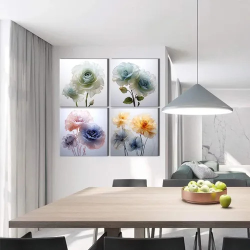 Vista 4 de Wall HDQ Arte de pared de flores para baño, dormitorio, sala de estar, decoración de pared azul y naranja, pintura floral, lienzo impreso, imagen