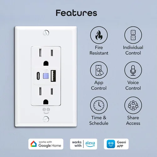 Vista 2 de Geeni Current Tomacorriente Wi-Fi Inteligente con 2 Puertos USB de Carga Rápida (20W USB-C PD y Carga Rápida USB-A), Control de Voz, No Requiere