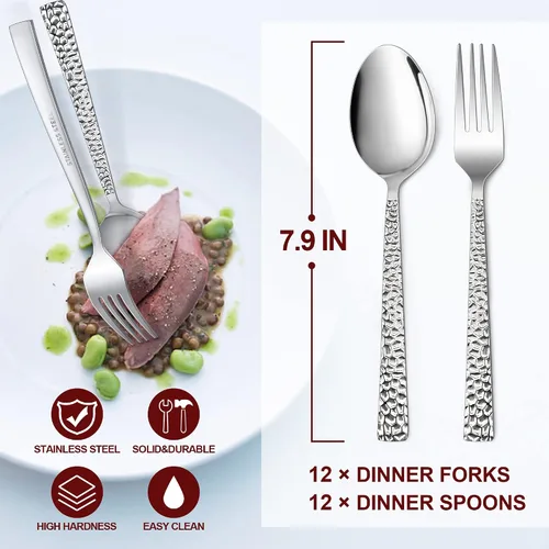 Vista 2 de E-far Juego de Cubiertos de 24 Piezas de Tenedores y Cucharas Martillados, Acero Inoxidable Cuadrado, 12 Tenedores de Cena y 12 Cucharas de Cena