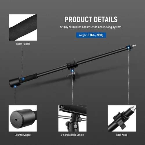 Vista 4 de NEEWER Brazo de trípode, de 35" a 61" (90 a 156cm) con contrapeso de 1.5kg y bolsa de arena, rosca de 1/4" compatible con caja de luz, luz