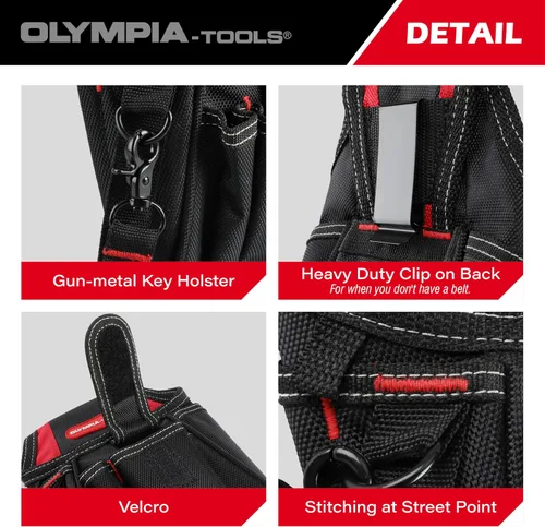 Vista 6 de Olympia Tools Bolsa de herramientas de 7 bolsillos con clip para cinturón, negro y rojo