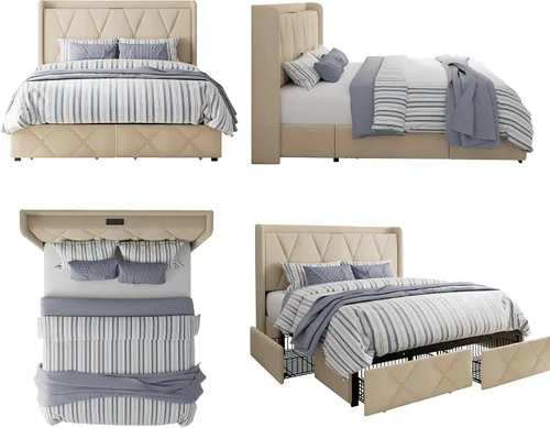 Vista 8 de GalnFu Base de cama de tamaño matrimonial con 4 cajones de almacenamiento, plataforma tapizada con estación de carga, moderna cabecera de Beige