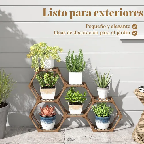 Vista 3 de Tikea Soporte para Plantas de Interior y Exterior Soporte Hexagonal de Esquina para Plantas Suculentas Plantas Pequeñas Estante de Madera