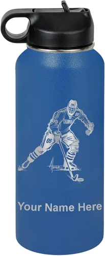 Vista 25 de LaserGram Botella de agua personalizada, jugador de hockey, acero inoxidable de doble pared aislada al vacío con popote superior, regalo grabado
