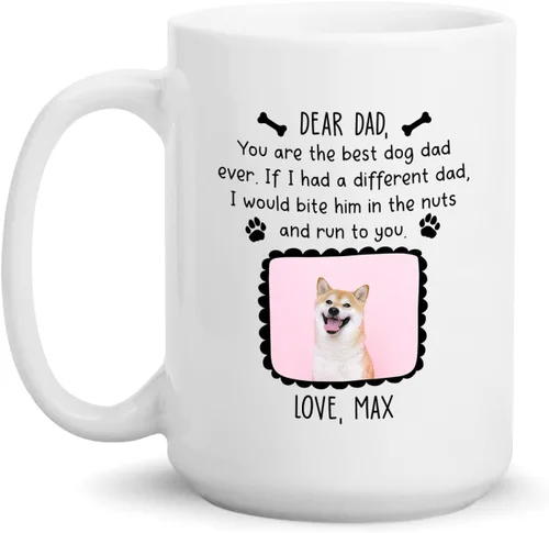 Vista 23 de Taza de café blanca personalizada con foto, con texto en inglés «To The World's Best Dog Dad We Woof You», taza de café blanca de 11 onzas y 15