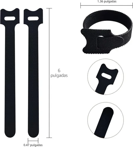 Vista 2 de 60 bridas reutilizables negras de 6 pulgadas, correas de cable ajustables multiusos, organizador de cables, gestión de cables de gancho y envoltura