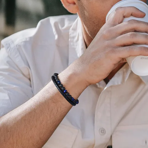 Vista 2 de LUXEJEW Gifts for Men - Mens Bracelet, Beaded Leather Bracelets for Men 6mm Tiger Eye Lava Rock Stone Handmade Bracelets Adjustable Stainless Steel