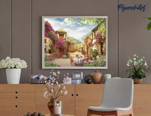 Vista 4 de Figured'Art Pintura por números para adultos Desayuno en un pueblo mediterráneo 16"x20" - Kit de pintura de arte artesanal lienzo enrollado sin marco