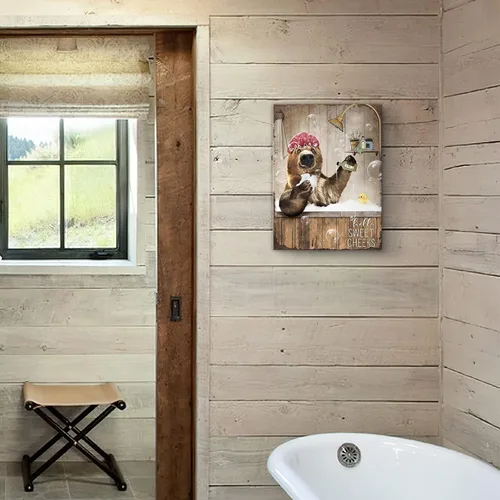 Vista 6 de Bonito oso para decoración de baño, arte de pared divertido con estampado de oso de casa de campo, pintura decorativa de pared enmarcada moderna