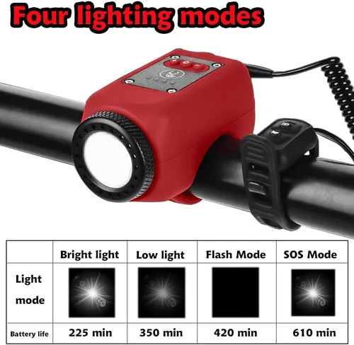 Vista 2 de Bocina de Bicicleta Eléctrica Luz de Bicicleta 2 en 1; Bocina de Bicicleta de 110 dB 5 Modos de Sonido con Batería Recargable Luz de Bicicleta