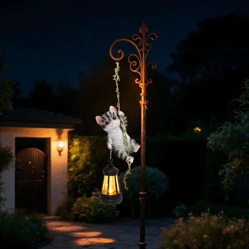 Vista 9 de Estatua de gato colgante solar, figura de gato negro de resina para exteriores con luces LED, adorno de gatito para jardín, valla, porche, patio