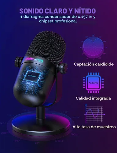 Vista 2 de Micrófono para juegos con cancelación de ruido y botón de silencio, micrófono de condensador USB para transmisión/grabación, diseño ultracompacto