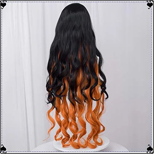 Vista 6 de SL Pelucas para disfraz de cosplay de Nezuko DS Anime Cosplay largo rizado naranja y negro pelucas con gorra
