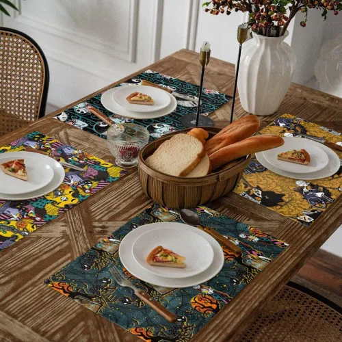 Vista 3 de Juego de 4 manteles individuales de Halloween, con temática de pesadilla, resistentes al calor, lavables, para cocina, mesa de comedor, manteles