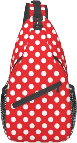 Vista 2 de Mochila cruzada de lunares rojos y blancos para viajes, senderismo, mochila para mujeres y hombres, unisex, bolsas de hombro para el pecho
