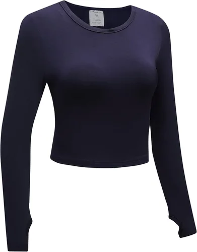 Vista 3 de OThread & Co. Camiseta corta de manga larga para mujer, cómoda con agujero para el pulgar, capa elástica básica