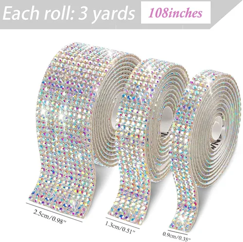 Vista 3 de 3 rollos de 9 yardas de cinta autoadhesiva de diamantes de imitación AB coloridos diamantes de imitación con diamantes de imitación de 0.079