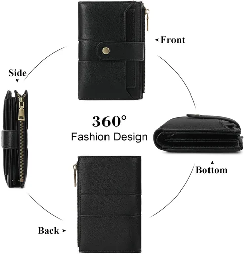 Vista 5 de SENDEFN Cartera pequeña de cuero para mujer, con bloqueo RFID, tarjetero con doble cremallera, monedero plegable