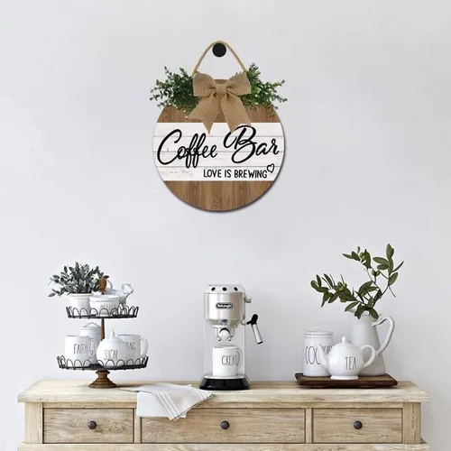 Vista 3 de Cartel de café con texto en inglés «Love Is Brewing» para cafetería, letrero de madera rústica de 11 pulgadas para decoración de pared de cafetería