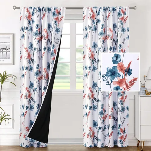 Vista 19 de H.VERSAILTEX cenefas de cortina 100% opacas para ventanas de cocina, juego de 2 paneles, estampado floral Cattleya Leah, cenefas térmicas aisladas