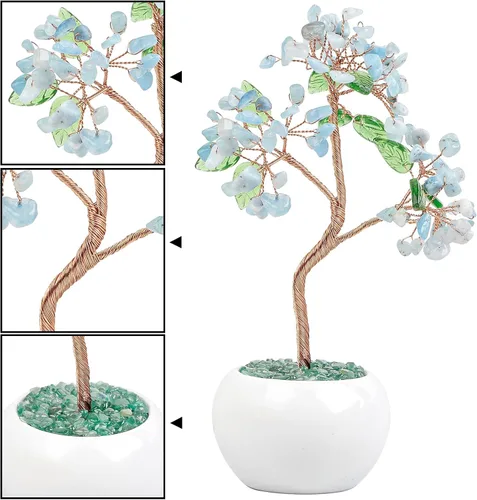 Vista 4 de Rockcloud Árbol de dinero de cristal curativo de aguamarina de 6.5 pulgadas, bonsái Fengshui con base de cerámica para buena suerte, riqueza