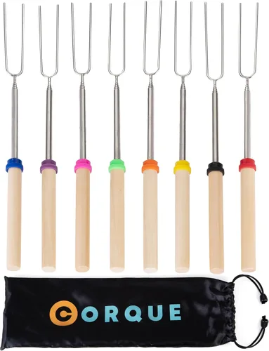 Vista 9 de CORQUE Palitos para Asar Malvaviscos, Palitos para S'mores, Extensibles, Pincho de Campamento para Fogata, Mango de Madera, Metal de 32 Pulgadas