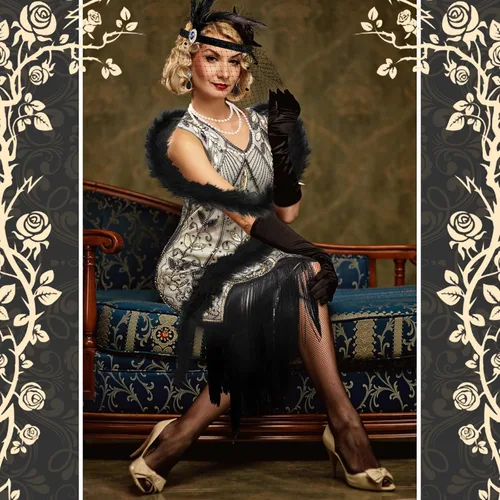 Vista 5 de Shinymoon Vestido vintage de lentejuelas con flecos de los años 20, cuello en V, vestido de lentejuelas con flecos y accesorios de los años 20