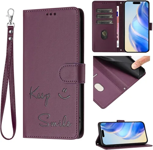 Vista 13 de Flip Wallet Case for Motorola Moto E32 4G (Int'l), Keep Smile Embossed Leather Cover with Card Slots, RFID Blocking, Kickstand, Wrist Strap Black.