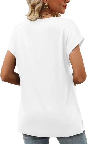 Vista 6 de Camisetas de verano de manga casquillo para mujer, camisetas sin mangas de moda con cuello en V y encaje