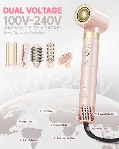 Vista 10 de Cepillo secador de pelo, estilizador de aire caliente de doble voltaje 8 en 1, secado rápido, 110,000 rpm, secador iónico con accesorios alisadores