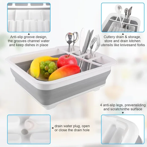 Vista 4 de Escurridor de platos plegable con tubo de tapón de drenaje, escurreplatos portátiles para encimera de cocina, estante plegable para secar platos