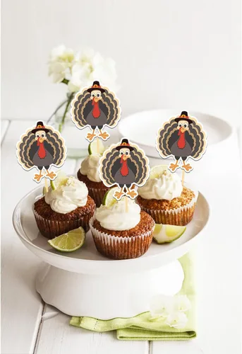 Vista 28 de 24 adornos de otoño para cupcakes para decoración del día de Acción de Gracias, lazo con purpurina para pasteles Thankful Blessed Grateful para Bow-a